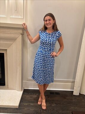 Boden Blue and White Bird-Print Cap-Sleeve Midi Dress